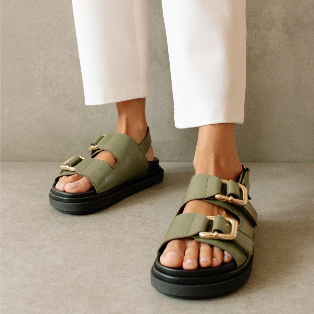 Alohas Dusty Olive Green Leather Sandal Slingback Flats Strappy Gold Hardware
